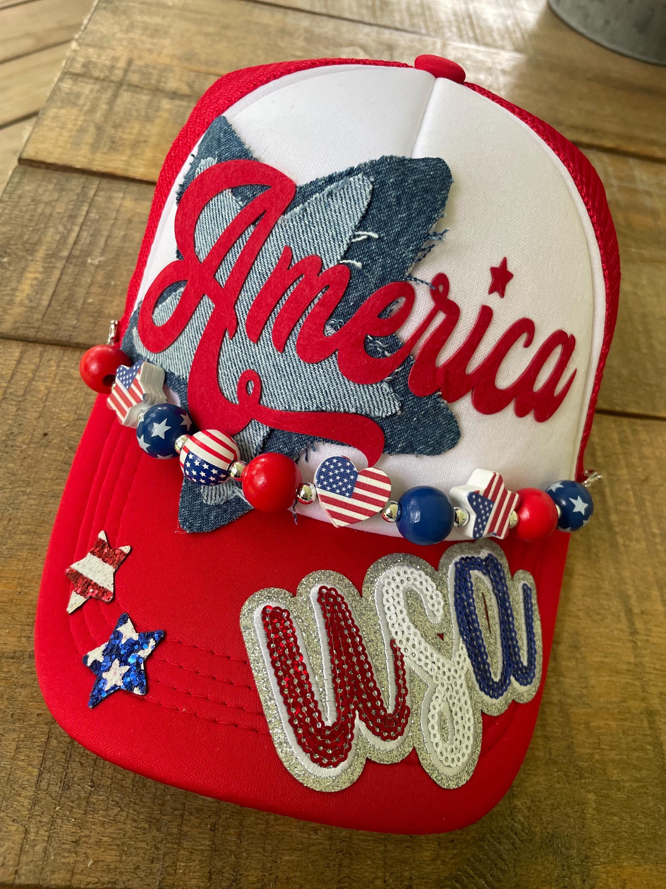 Patriotic USA Trucker Hat With Pop Cap Hat Chain Handmade Hand painted Amazon.com: 3PCS Trucker Hat Chains 4th of July Trucker Hat  main image 2