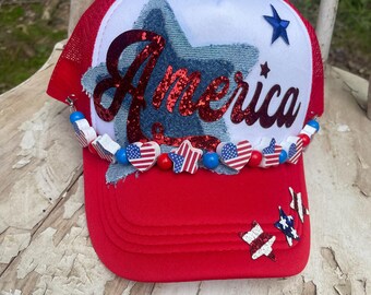 Patriotic USA Trucker Hat With Pop Cap Hat Chain Handmade Hand painted Amazon.com: 3PCS Trucker Hat Chains 4th of July Trucker Hat  main image 3
