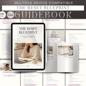 Könnte beinhalten: Ein digitaler Ratgeber mit dem Titel The Reset Blueprint mit 121 Seiten. Das Cover zeigt eine Person am Laptop mit einer Tasse. Das Layout enthält mehrere Seitenvorschauen mit Text, rosa Akzenten und einem Eingabestift neben dem Tablet.