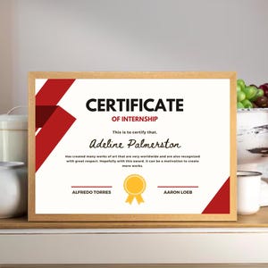 Modern stagecertificaat in rood, gewaagd ontwerp, aanpasbare tekst, professionele accreditatie, kantoorinrichting