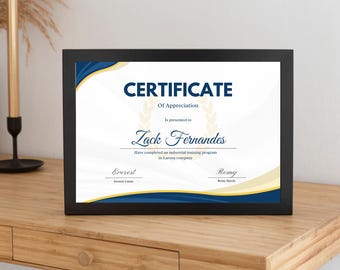 Certificado académico personalizado azul y dorado, diploma de graduación moderno, título personalizado, diseño profesional.