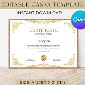 Può includere: Un modello di certificato di completamento A4 modificabile che misura 29,7 per 21 cm. Il documento presenta decorazioni dorate agli angoli, un sigillo dorato centrale e testo segnaposto che include il nome Teddy Yu e le linee per la firma.