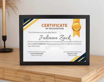 Certificado de Reconhecimento em Azul Escuro, Amarelo e Laranja, Lembrança de Formatura, Placa de Premiação Escolar, Conquista Acadêmica