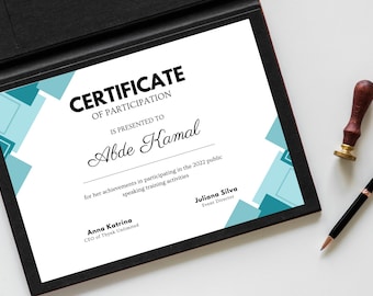 Certificado de Participação Elegante em Azul e Branco, Prêmio de Design Moderno, Reconhecimento Personalizável, Certificação de Conclusão, Diploma de Graduação