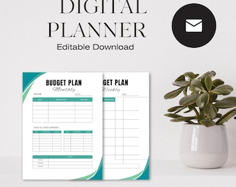 Planejador de orçamento moderno azul e verde, organizador minimalista mensal e semanal, rastreador de finanças, planejador de dinheiro.