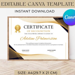 Puede incluir: Una plantilla de certificado de reconocimiento A4 editable con fondo blanco y patrones de líneas abstractas en dorado y azul oscuro. El texto dice Certificate of Recognition, Adeline Palmerston, e incluye espacios para nombres y títulos.