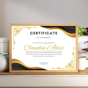 Certificato di merito oro e nero, diploma di laurea, riconoscimento professionale, decorazione per ufficio, elegante decorazione murale