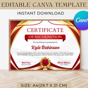 Pode incluir: Um modelo de certificado de reconhecimento com fundo branco, bordas curvas vermelhas e douradas e um selo dourado. O texto diz Certificate of Recognition, Kyle Robinson, Borcelle Academy. O tamanho é de 29,7 x 21 cm.