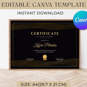 May include: An editable A4 certificate of achievement template featuring a black background with gold text and wavy line accents. The design includes a gold seal, placeholders for names, and the text Certificate of Achievement, Elena Ward, and Omar Hadid.