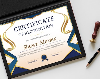 Certificado de Reconhecimento Moderno em Ouro e Azul: Prêmio Elegante