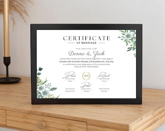 Certidão de casamento floral: lembrança moderna de casamento
