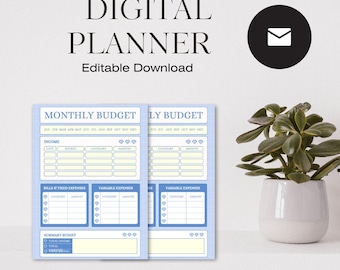 Planejador de Orçamento Mensal Azul, Rastreador Financeiro Divertido (Download Digital)
