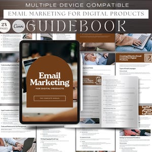 Könnte beinhalten: Ein digitales Handbuch mit dem Titel Email Marketing for Digital Products auf einem Tablet-Bildschirm. Das Cover zeigt eine braune Bogenform mit weißem Text. Der Hintergrund zeigt mehrere Seiten des 24-seitigen Handbuchs mit Text und Symbolen.