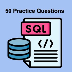 Puede incluir: Una ilustración de un documento con la palabra "SQL" en un cuadro rosa, símbolos de código y líneas de texto. Un icono de base de datos azul está al lado del documento. El texto "50 preguntas de práctica" está en la parte superior de la imagen.