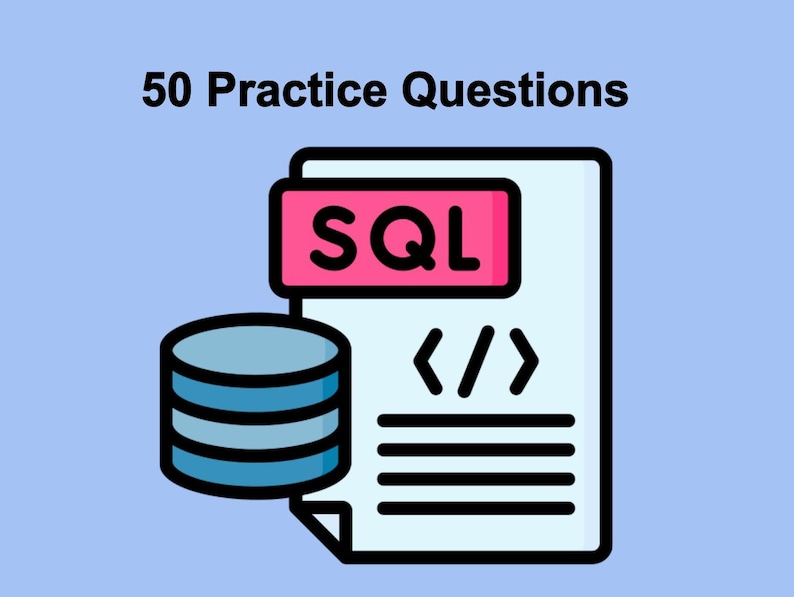 Op de afbeelding: Een illustratie van een document met het woord "SQL" in een roze vak, codesymbolen en tekstregels. Naast het document bevindt zich een blauw database-icoon. De tekst "50 oefenvragen" staat bovenaan de afbeelding.
