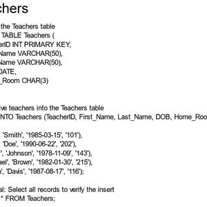 This is the code to create the Teachers table and the insert statements to populate it. All of the tables and their insert statements are attached and can be uploaded to SQL server.