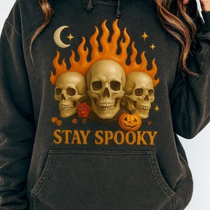 Puede incluir: Sudadera con capucha gris oscuro con un diseño de Halloween. El diseño presenta tres calaveras en llamas, una luna creciente, estrellas, una rosa y una calabaza. Las palabras "STAY SPOOKY" están impresas debajo.