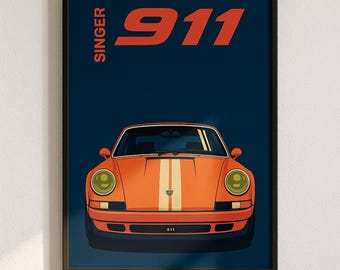 May include: Framed art print featuring an orange Singer 911 car illustration against a dark blue background. The text "SINGER" is vertically aligned on the left, with "911" in large orange letters. The car has a white stripe down the center.