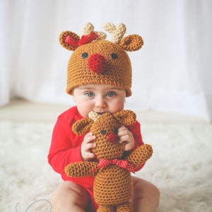 REINDEER Crochet PATTERN HAT in 5 sizes & Reindeer Doll Christmas