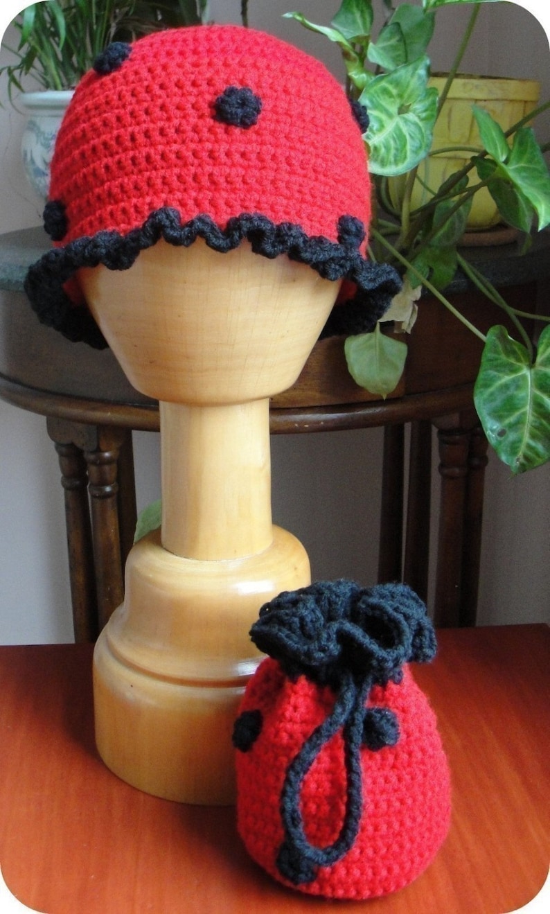 Baby Girl Hat CROCHET PATTERN Animal LADYBUG Beanie Cloche Hat and Purse image 4