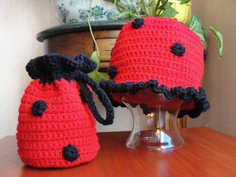 Baby Girl Hat CROCHET PATTERN Animal LADYBUG Beanie Cloche Hat and Purse image 1