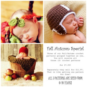 CROCHET PATTERNS Child Baby HAT Easy Fall Autumn Football, Apple, Pumpkin Leaves 3 in One image 1