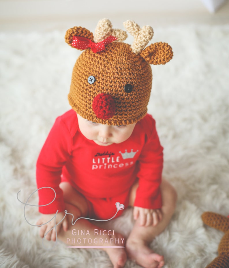 REINDEER Crochet PATTERN HAT in 5 sizes & Reindeer Doll Christmas image 3