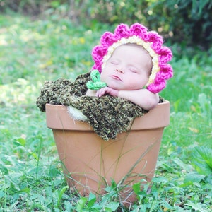 Baby Bonnet Hat Easy CROCHET PATTERN in 4 sizes up to 12 months, Baby Flower Pot Bonnet image 1