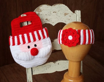 Girl's Santa Purse Crochet Pattern Christmas Bag and Striped Headband with Flower