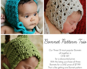 Crochet PATTERNS Sale Baby Child BONNET 3  in one Bonnet Pattern Trio