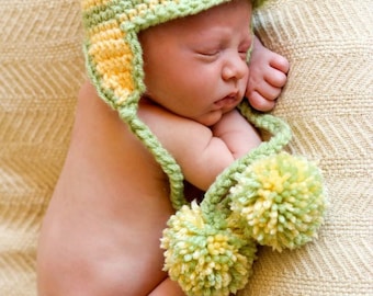 Earflap BRIM Hat CROCHET PATTERN in 5 sizes 0-10 years, Baby Child, Brim EarFlap With Pompons