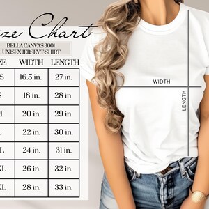 May include: Size chart for a Bella Canvas 3001 unisex jersey t-shirt. The chart shows the width and length measurements in inches for sizes XS to 3XL.