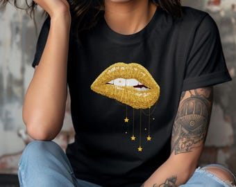 Glitter Biting Lip Shirt: Gold Star Lips Graphic Tee