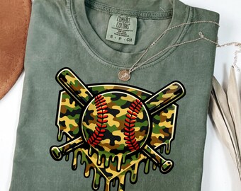 Baseball młodzieżowy, prezent dla taty baseballisty, kamuflaż leśny, projekt koszulki sportowej, kapiąca piłka baseballowa, grafika na płycie domowej, sublimacja PNG, natychmiastowe pobieranie