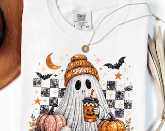 Ghost Coffee PNG, projekt koszulki na upiorny sezon, sublimacja dyni z duchem na Halloween, jesienna czapka z czaszką, brokatowy duch PNG