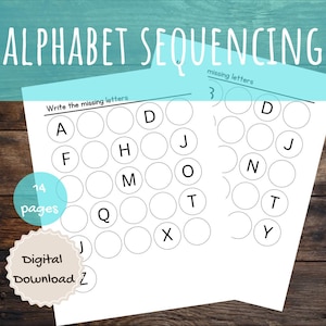 Werkblad ontbrekende letters, letterherkenning, alfabetreeks, werkblad alfabetische volgorde, alfabet voorschoolse alfabet, werkblad kleuterschool