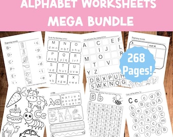 May include: A set of 268 alphabet worksheets for kids. The worksheets feature a variety of activities, including tracing letters, matching letters, and coloring pictures. The worksheets are black and white and have a fun, colorful design.