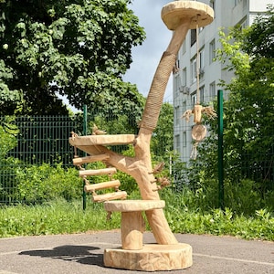 May include: A natural wood cat tree with multiple platforms, a rope-wrapped scratching post, and a hanging toy. The tree features a base, a central trunk, steps, and a top perch. The structure is designed for feline activity and relaxation.
