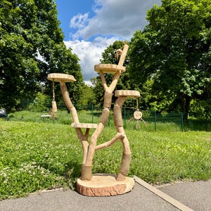 May include: A wooden cat tree with multiple platforms and scratching posts. The tree is made of natural wood and rope, with several levels for climbing and resting. The cat tree is designed for indoor use and provides a fun and engaging space for cats to play and relax.