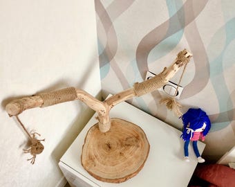 Handmade Rustic Cat Tree Oak Base Jute Rope Scratching Post Natural Wood Cat Tower with Toys