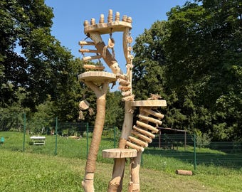 Handmade Oak Cat Tree Natural Wood Cat Tower Large Cat Scratching Post Solid Wood Cat Furniture with 3 Ladders and Throne