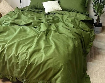 Olive Green Ruffle Bedding Set, Luxury Cotton Bedding, Ruffled Duvet Cover with Zipper, Fitted or Flat Sheet, 2 Pillowcases, Custom Size Bed