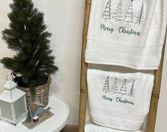Zestaw ręczników z haftowaną choinką | Bawełniana dekoracja świąteczna