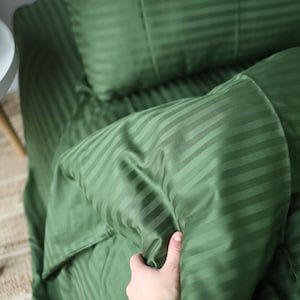 Green Striped Cotton Bedding Set: Duvet Cover, Pillowcases & Sheet