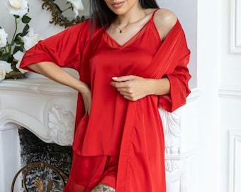 Conjunto de pijama y bata de seda roja para mujer / Pijama de satén con malla / Ropa de dormir elegante / Ropa de estar de lujo