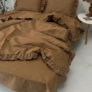 Ruffled Cotton Percale Bedding Set, Coffee with Milk Color, Romantic Bedroom Decor