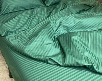 Green Striped Cotton Bedding Set: Duvet Cover, Pillowcases & Sheet