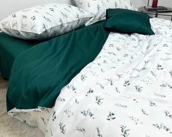 Emerald floral Satin 100% Cotton Bedding Set - 4 Pieces for Queen or King Beds