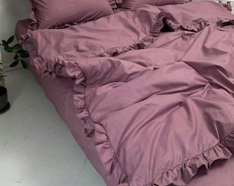 Ruffled Cotton Percale Bedding Set, Dusty Rose Duvet Cover