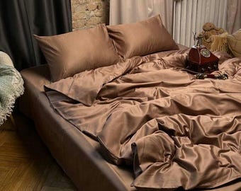 Mocha Satin Bedding Set, Luxury Brown Bed Linen, Duvet Cover with Zipper, Fitted or Flat Sheet, 2 Pillowcases, Custom Size Bedding